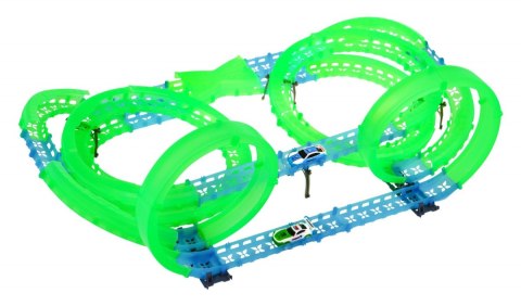 Świecący w ciemności Tor wyścigowy dla dzieci 3+ Pętle 360 + 2 autka LED + 2 piloty Świecący w ciemności Tor wyścigowy dla dzieci 3+ Pętle 360 + 2 autka LED + 2 piloty