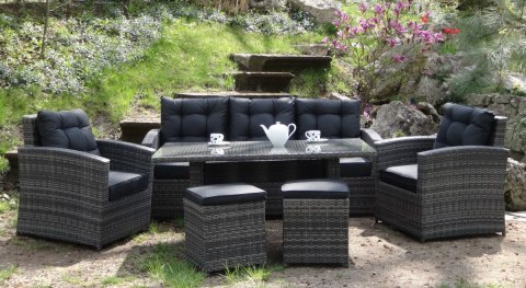 Zestaw Mebli ogrodowych 6w1 Techorattan Szary + Sofa + Wysoki stół + 2 Fotele + 2 Pufy + 12 Poduszek Zestaw Mebli ogrodowych 6w1 Techorattan Szary + Sofa + Wysoki stół + 2 Fotele + 2 Pufy + 12 Poduszek