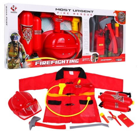 Duży zestaw Strażaka 10 el. dla dzieci 3+ Strój + Kask + Gaśnica + Krótkofalówka Duży zestaw Strażaka 10 el. dla dzieci 3+ Strój + Kask + Gaśnica + Krótkofalówka