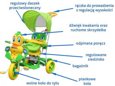 3-kołowy Rowerek dla dzieci Kaczka Zielony + Dźwięki + Daszek + Barierka + Podnóżek + Rączka + Płozy + Schowek