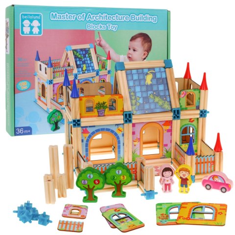 Drewniane klocki konstrukcyjne dla dzieci 3+ Kolorowy zestaw 128 el. do budowania domku Drewniane klocki konstrukcyjne dla dzieci 3+ Kolorowy zestaw 128 el. do budowania domku