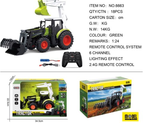 Traktor R/C 1:24 Zielony z Funkcją Koparki