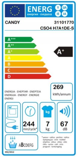 Candy | Dryer Machine | CSO4 H7A1DE-S | Energy efficiency class A+ | Front loading | 7 kg | Heat pump | Big Digit | Depth 46.5 c