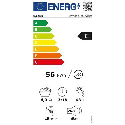 INDESIT | MTWSE 61294 WK EE | Pralka | Klasa efektywności energetycznej C | Ładowana od frontu | Pojemność prania 6 kg | 1151 ob