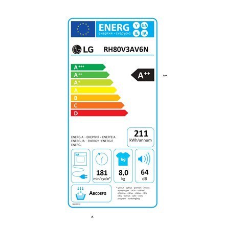 LG | RH80V3AV6N | Suszarka | Klasa efektywności energetycznej A++ | Ładowana od przodu | 8 kg | LED | Głębokość 69 cm | Wi-Fi |