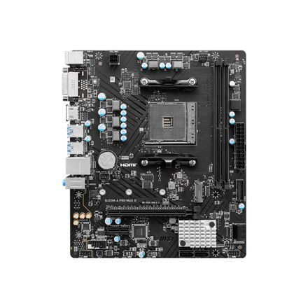 Płyta główna MSI B450M-A PRO MAX II, obsługująca procesory AMD z gniazdem AM4, DDR4. Interfejsy dla dysków SATA i M.2 z łączem n