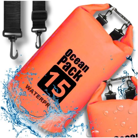WOREK WODOODPORNY WODOSZCZELNY KAJAK TORBA PLECAK TURYSTYCZNY 15L POMARAŃCZOWY