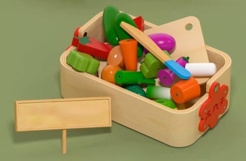 DREWNIANE WARZYWA DO KROJENIA CIĘCIA NA MAGNES W SKRZYNCE ZESTAW Z NOŻYKIEM