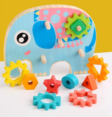 KLOCKI DREWNIANE SORTER EDUKACYJNY MONTESSORI SŁOŃ ZĘBATKI