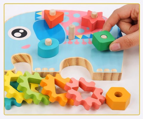 KLOCKI DREWNIANE SORTER EDUKACYJNY MONTESSORI SŁOŃ ZĘBATKI