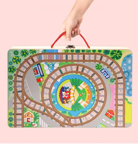 OGROMNA DREWNIANA KOLEJKA ELEKTRYCZNA TORY POCIĄG PLANSZA KLOCKI MIASTO