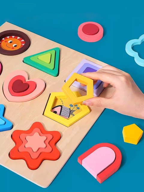 PUZZLE DREWNIANE KSZTAŁTY DOPASOWYWANIE EDUKACYJNE FIGURY MONTESSORI
