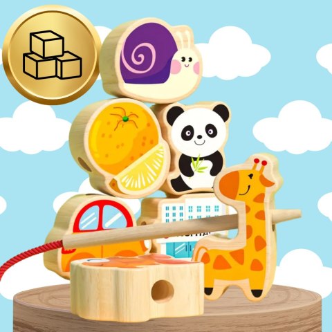 KORALIKI KLOCKI DREWNIANE DO NAWLEKANIA MONTESSORI 42 EL. ALFABET ZWIERZĘTA OWOCE