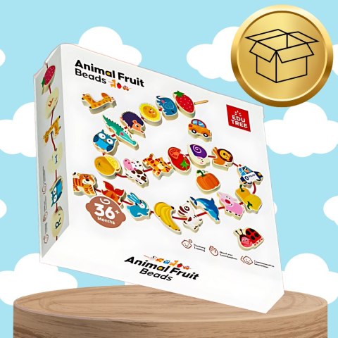 KORALIKI KLOCKI DREWNIANE DO NAWLEKANIA MONTESSORI 42 EL. ALFABET ZWIERZĘTA OWOCE