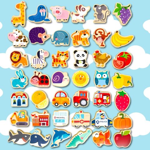 KORALIKI KLOCKI DREWNIANE DO NAWLEKANIA MONTESSORI 42 EL. ALFABET ZWIERZĘTA OWOCE