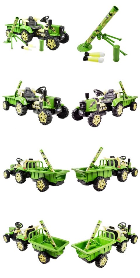TRAKTOR NA AKUMULATOR ZIELONY Z PRZYCZEPĄ + MOŻDZIERZ, MIĘKKIE SIEDZENIE,PILOT/HSD6606