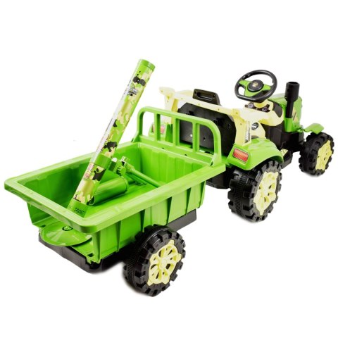 TRAKTOR NA AKUMULATOR ZIELONY Z PRZYCZEPĄ + MOŻDZIERZ, MIĘKKIE SIEDZENIE,PILOT/HSD6606
