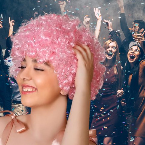 PERUKA WŁOSY RÓŻOWE AFRO KARNAWAŁ PARTY FOTOBUDKA PANIEŃSKI URODZINY