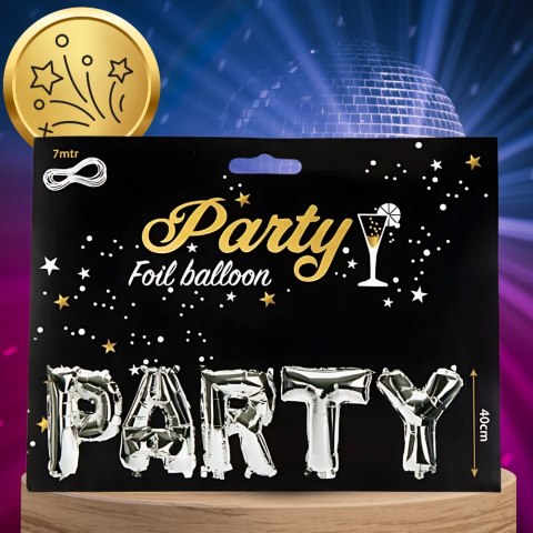 BALON FOLIOWY OGROMNY NAPIS PARTY SREBRNY URODZINY SYLWESTER WYSOKOŚĆ 40 CM
