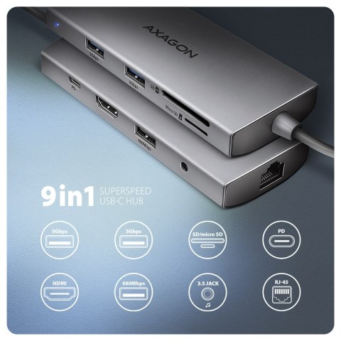 AXAGON Multi port USB-C 5Gbps hub | HMC-8HLSA