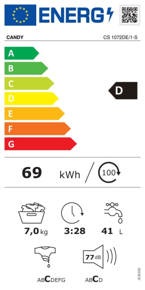 Candy | Washing machine | CS 1072DE/1-S | Energy efficiency class D | Front loading | Washing capacity 7 kg | 1000 RPM | Depth 4
