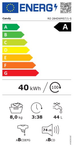 Candy Washing Machine | RO 284DWMS7/1-S | Energy efficiency class A | Front loading | Washing capacity 8 kg | 1200 RPM | Depth 5