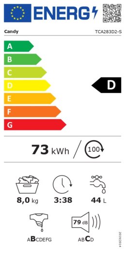 Candy Washing Machine | TCA283D2-S | Energy efficiency class D | Top loading | Washing capacity 8 kg | 1200 RPM | Depth 60 cm |