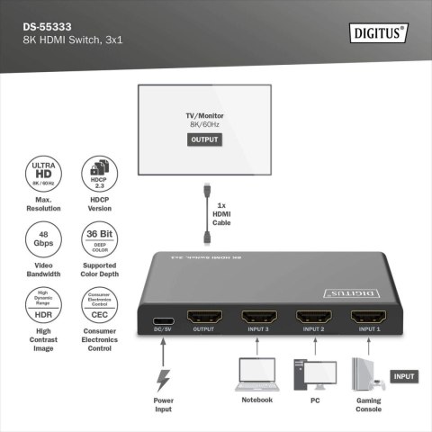 Digitus 8K HDMI Switch, 3x1 | DS-55333 | Black