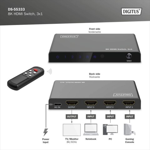 Digitus 8K HDMI Switch, 3x1 | DS-55333 | Black