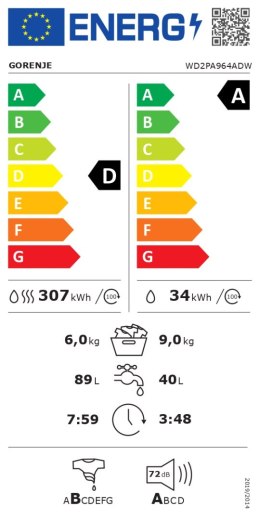 Gorenje Washing Machine with Dryer | WD2PA964ADW | Energy efficiency class A/D | Front loading | Washing capacity 9 kg | 1400 RP