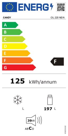 Lodówka Candy CIL 220 NE/N, F, do zabudowy, spiżarnia, wysokość 122,1 cm, pojemność chłodziarki 197 l, biały | Candy