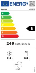 Lodówka Indesit LI9 S2E S, E, wolnostojąca, wysokość 201,3 cm, pojemność netto chłodziarki 261 l, pojemność netto zamrażarki 111