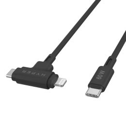 Hyper HyperJuice Silikonowy kabel USB-C do USB-C i Lightning Hybrid 60W, czarny | Hyper