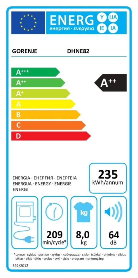 Gorenje Dryer Machine | DHNE82 | Energy efficiency class Class A++ | Front loading | 8 kg | LED | Depth 55 cm | White