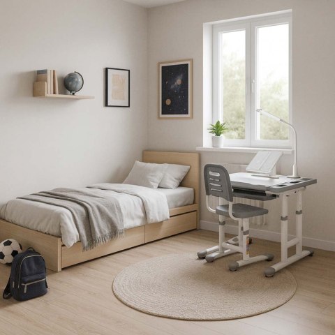 Biurko dziecięce szkolne regulowane krzesło lampka LED USB szare