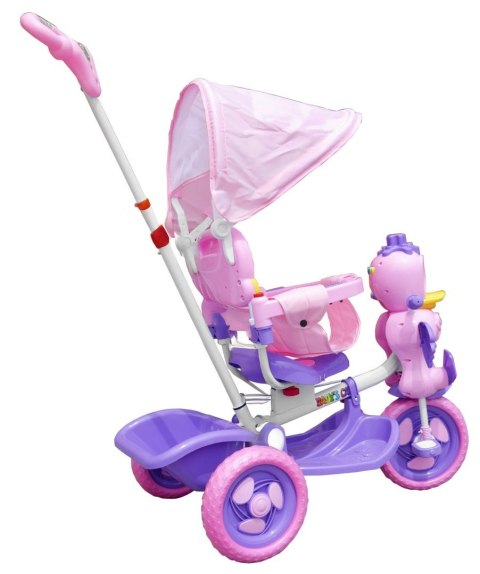 3-kołowy Rowerek dla dzieci Kaczka Fioletowy + Dźwięki + Daszek + Barierka + Podnóżek + Rączka + Schowek