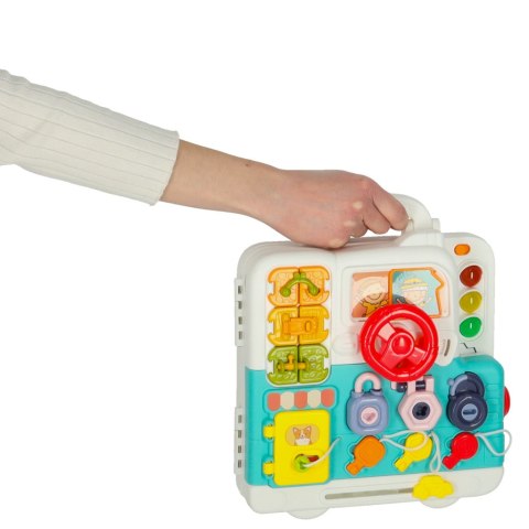 Tablica manipulacyjna sensoryczna montessori walizka pokrętła miś XXL światło dźwięk