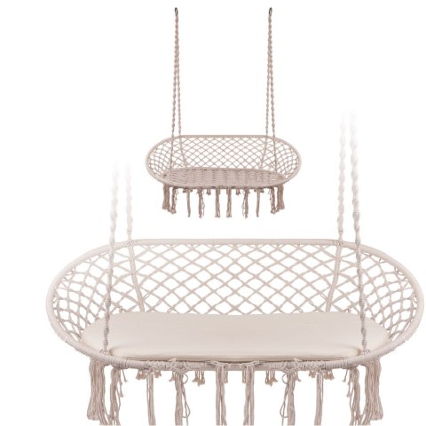 Huśtawka bocianie gniazdo podwójne dwuosobowe z frędzlami beż + poduszka 240kg