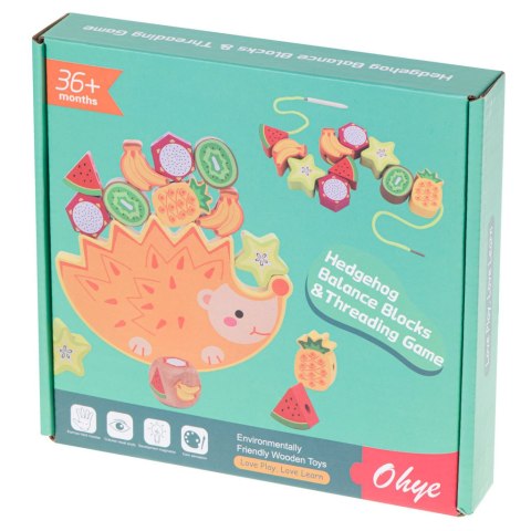 Gra zręcznościowa montessori układanka balansująca klocki drewniane jeż nawlekane owoce