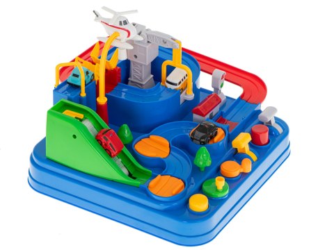 Tor przeszkód interaktywny samochodowy wyścigi parking 4 pojazdy auto autobus radiowóz wóz strażacki helikopter 24x24cm XL