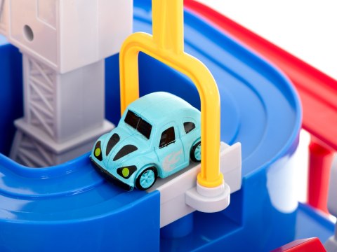 Tor przeszkód interaktywny samochodowy wyścigi parking 4 pojazdy auto autobus radiowóz wóz strażacki helikopter 24x24cm XL