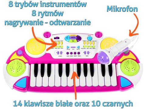 Różowy zestaw muzyczny Keyboard + Werble + Mikrofon dla dzieci 3+ Światła + Dźwięki 2 oktawy Różowy zestaw muzyczny Keyboard + Werble + Mikrofon dla dzieci 3+ Światła + Dźwięki 2 oktawy